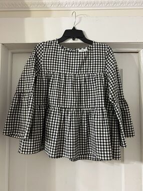 LaRoque Blouse Womens Black White Gingham Preppy Ruffle Fit And Flair Top Medium